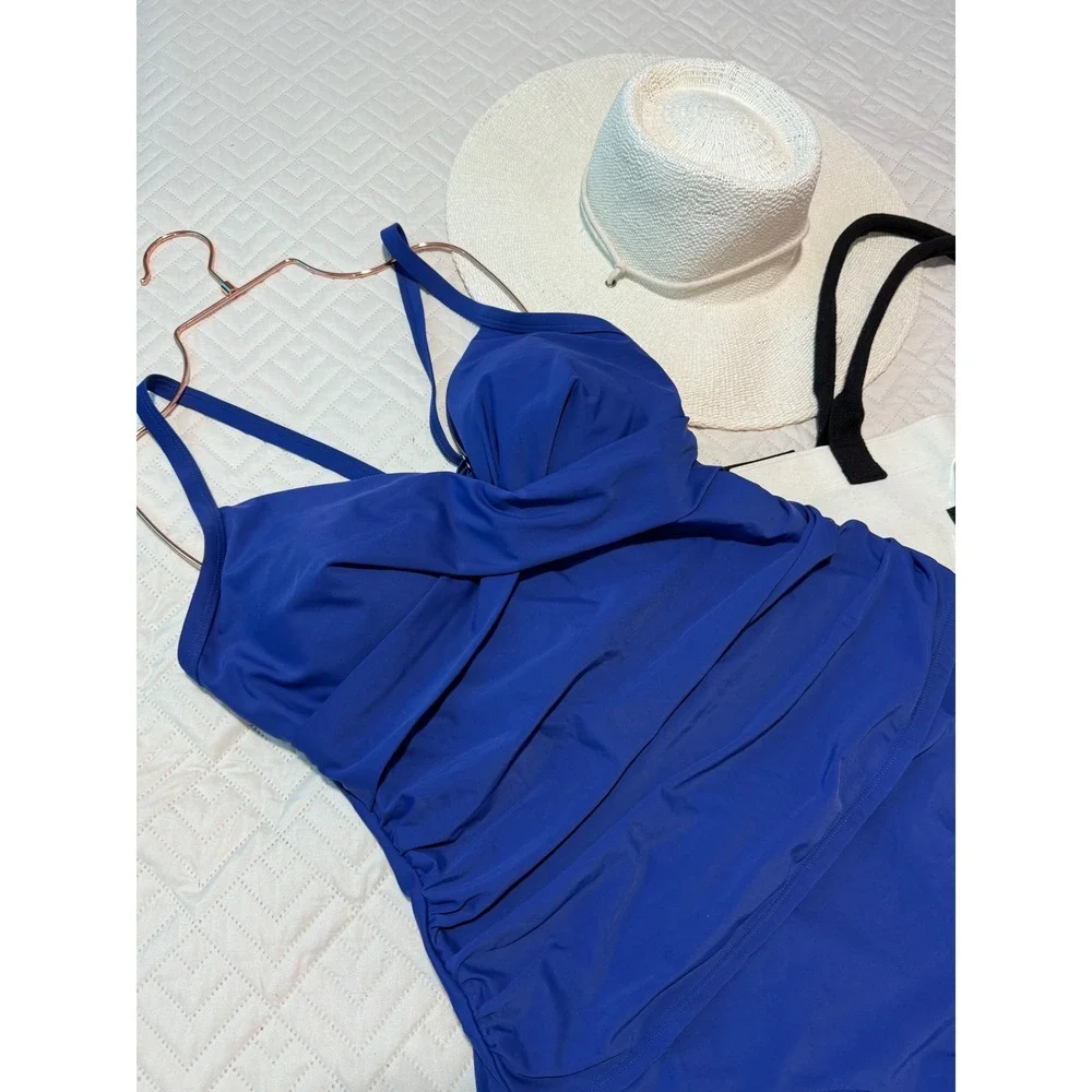 B2prity Women's Ruched Tankini‎ Suimsuits V Neck Wrap Tie Back Two Blue size XL